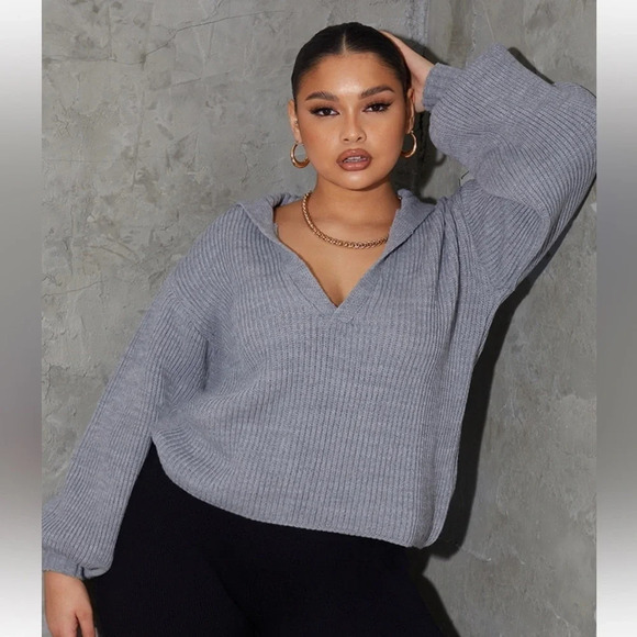 PLT • Grey V Neck Collar Detail Balloon Sleeve Sweatshirt - Picture 1 of 9